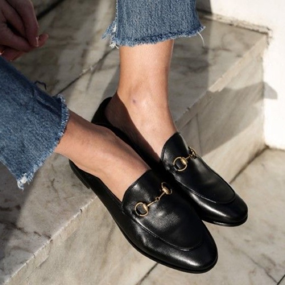 GUCCI Brixton Horsebit Black Leather Foldable Blogger Favorite Celebrity Loafers